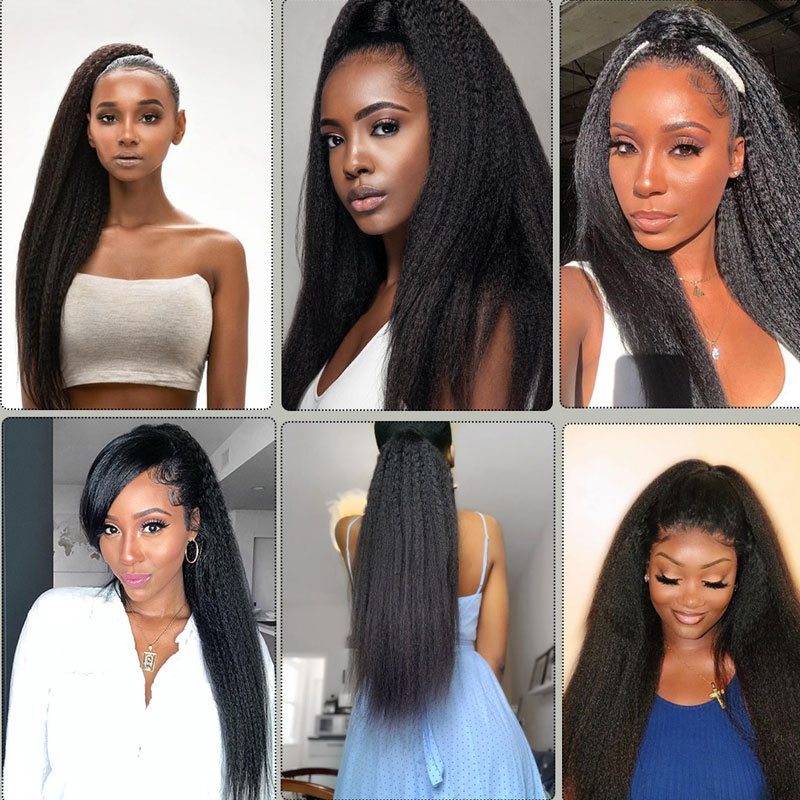 Kinky Straight Drawstring Ponytail Hair Extension Yaki Straight Ponytail Human Hair Brazilian Remy Hair Combs In Ponytail Extensions For Women 120g