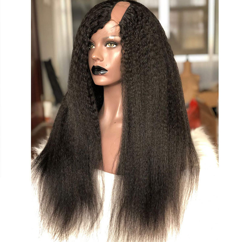 U Part Wigs Glueless Human Hair Wigs Kinky Straight For Women Brazilian Remy Hair Wigs Left Part 1x4inch Human Hair Wig With Clips Combs 200% Density
