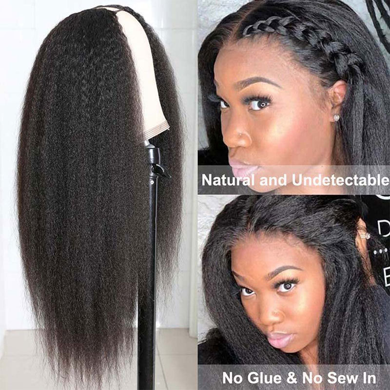 U Part Wigs Glueless Human Hair Wigs Kinky Straight For Women Brazilian Remy Hair Wigs Left Part 1x4inch Human Hair Wig With Clips Combs 200% Density