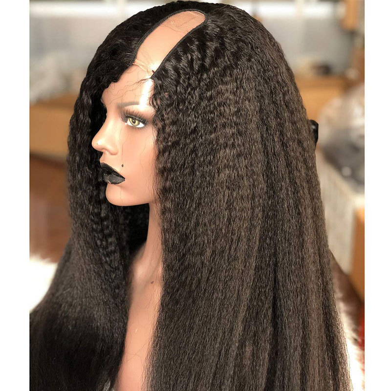 U Part Wigs Glueless Human Hair Wigs Kinky Straight For Women Brazilian Remy Hair Wigs Left Part 1x4inch Human Hair Wig With Clips Combs 200% Density
