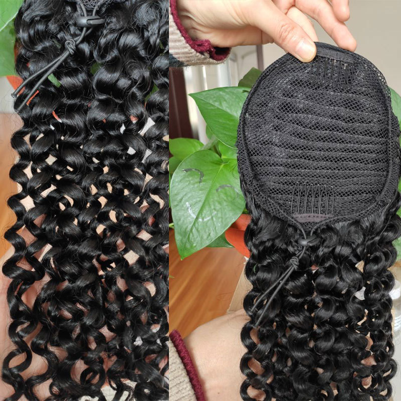Deep Curly Drawstring Ponytail Human Hair Brazilian Remy Hair Clip In Extensions For Black Women Natural Color African American Hair Extensions