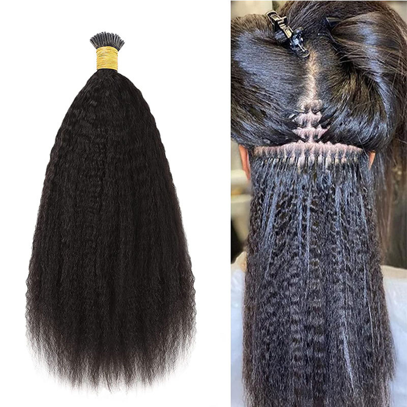 I Tip Human Hair Extensions Kinky Straight Bundles Microlinks Hair Extensions Coarse Yaki Bulk Hair For Black Women