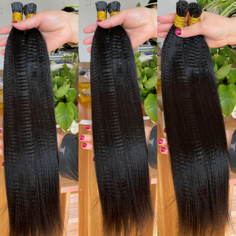 Italian Yaki Straight I Tip Hair Extensions For Black Women Textured Straight Microlinks Human 4433