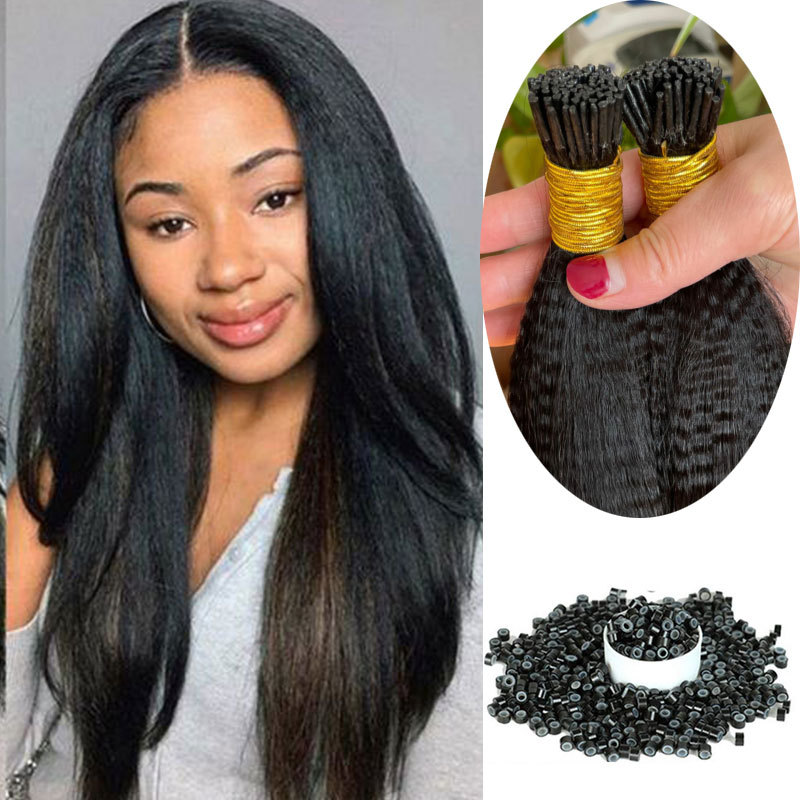 Italian Yaki Straight I Tip Hair Extensions For Black Women Textured Straight Microlinks Human Hair Extensions Bundles Bulk Brazilian Virgin Hair