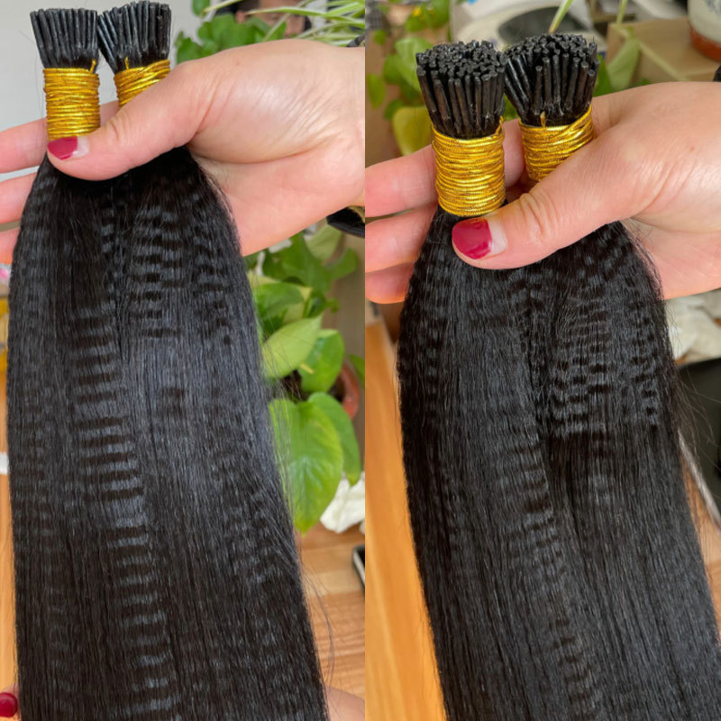 Italian Yaki Straight I Tip Hair Extensions For Black Women Textured Straight Microlinks Human Hair Extensions Bundles Bulk Brazilian Virgin Hair