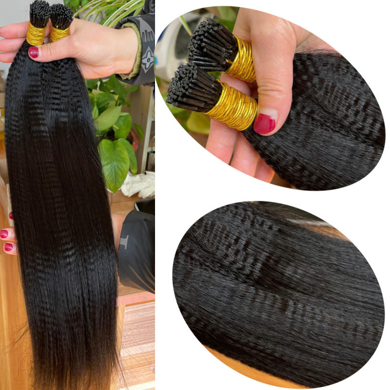 Italian Yaki Straight I Tip Hair Extensions For Black Women Textured Straight Microlinks Human Hair Extensions Bundles Bulk Brazilian Virgin Hair