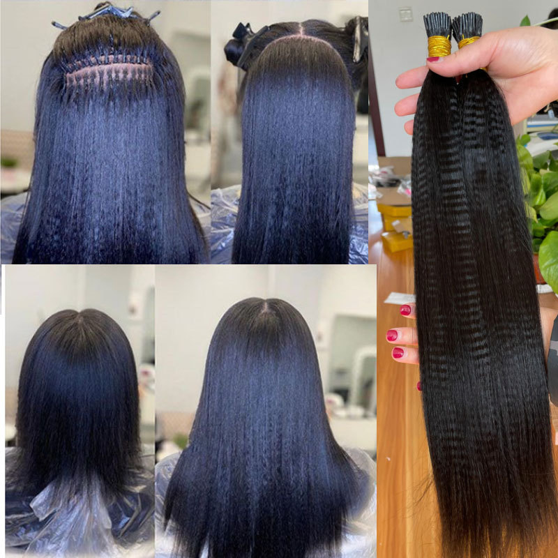 Italian Yaki Straight I Tip Hair Extensions For Black Women Textured Straight Microlinks Human Hair Extensions Bundles Bulk Brazilian Virgin Hair