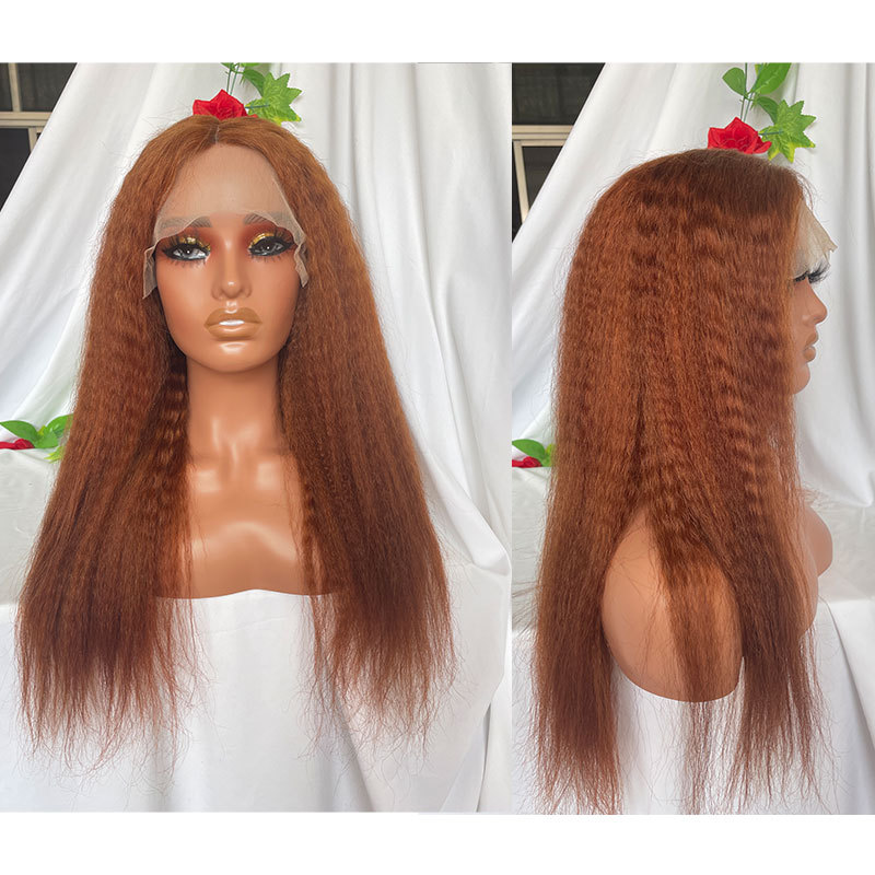 Kinky Straight 13x4 Transparent Lace Front Human Hair Wig For Women 300% Density Auburn Copper Red #30 Yaki Straight Human Hair Lace Front Wig With Baby Hair Pre Plucked Natural Hairline
