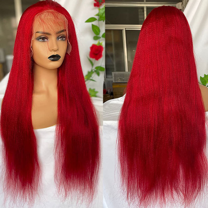 260 Density Yaki Straight Wig Red Burgundy Lace Front Human Hair Wigs 13x4 Transparent Lace Wigs For Women Kinky Straight Lace Front Wig With Baby Hair Pre Plucked Natural Hairline