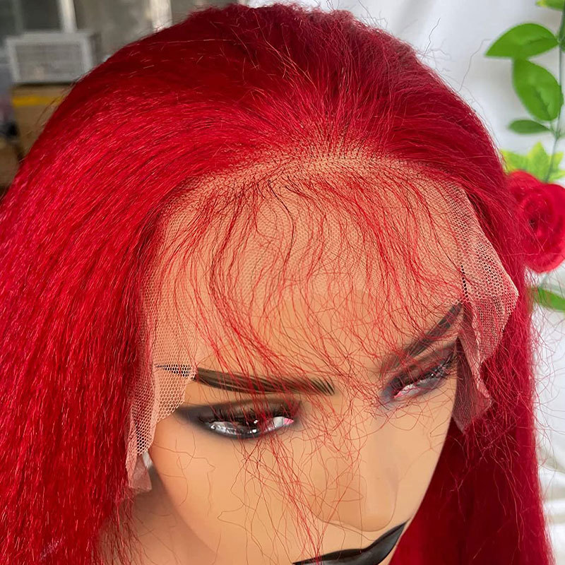 260 Density Yaki Straight Wig Red Burgundy Lace Front Human Hair Wigs 13x4 Transparent Lace Wigs For Women Kinky Straight Lace Front Wig With Baby Hair Pre Plucked Natural Hairline