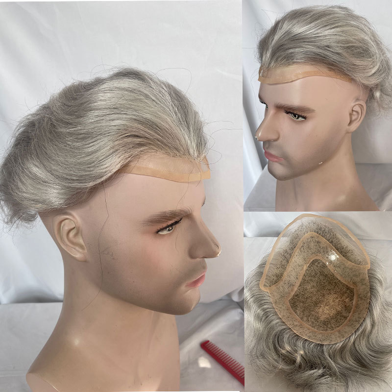 Men's Toupee Human Hair Hairpieces For Men 10×8inch Thin Skin Hair Replacement System Monofilament Net Base #1B Color 10% Human hair Mix 90% Synthetic Grey Hair