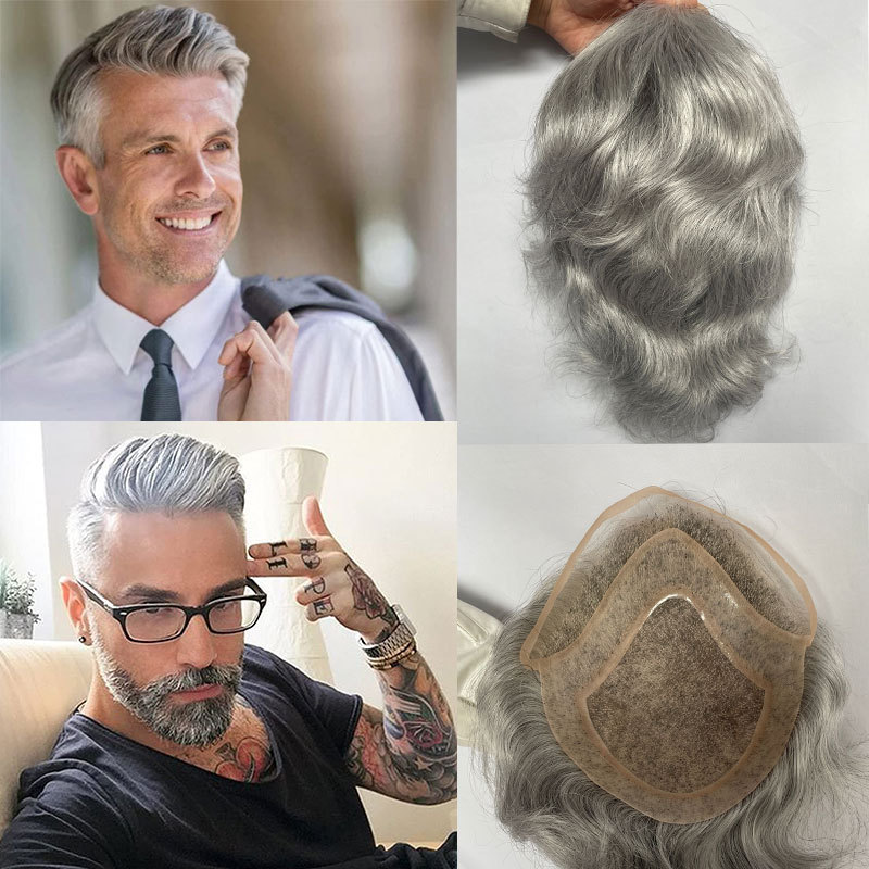 Men's Toupee Human Hair Hairpieces For Men 10×8inch Thin Skin Hair Replacement System Monofilament Net Base #1B Color 10% Human hair Mix 90% Synthetic Grey Hair