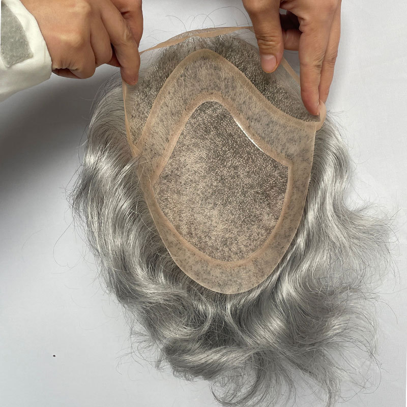 Men's Toupee Human Hair Hairpieces For Men 10×8inch Thin Skin Hair Replacement System Monofilament Net Base #1B Color 10% Human hair Mix 90% Synthetic Grey Hair