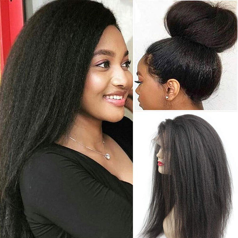 Baby Hair Kinky Straight Wig Full Lace Human Hair Wig Transparent Lace Human Hair Wigs For Black Women Yaki Straight Braizilian Remy Human Hair Wigs 150% Density