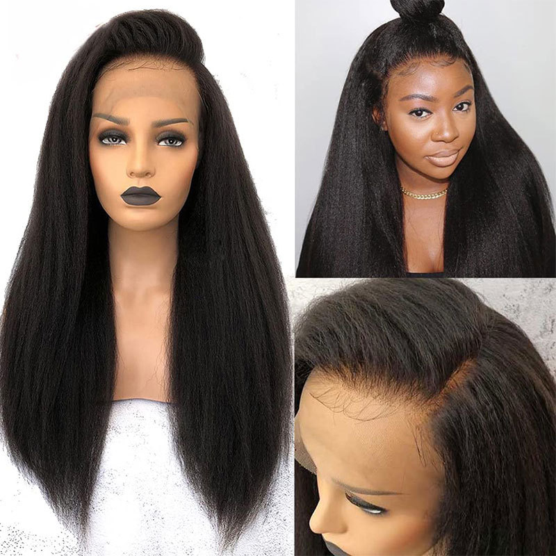 Baby Hair Kinky Straight Wig Full Lace Human Hair Wig Transparent Lace Human Hair Wigs For Black Women Yaki Straight Braizilian Remy Human Hair Wigs 150% Density