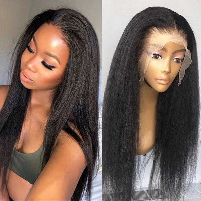 Baby Hair Kinky Straight Wig Full Lace Human Hair Wig Transparent Lace Human Hair Wigs For Black Women Yaki Straight Braizilian Remy Human Hair Wigs 150% Density