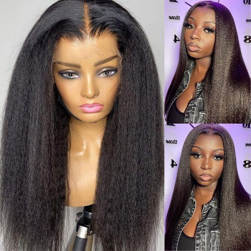 Baby Hair Kinky Straight Wig Full Lace Human Hair Wig Transparent Lace Human Hair Wigs For Black Women Yaki Straight Braizilian Remy Human Hair Wigs 150% Density