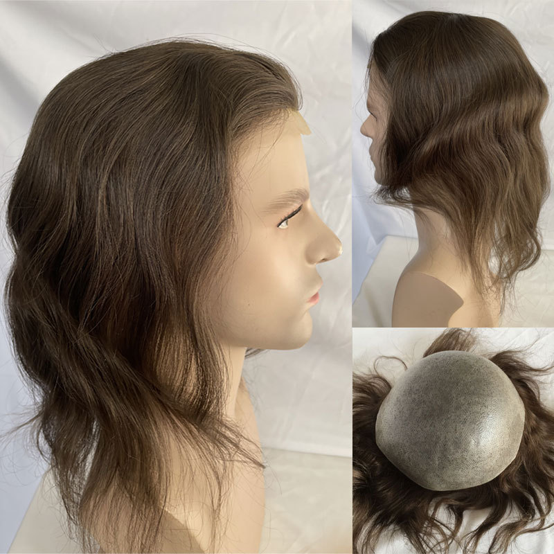 Swiss Lace Men's Toupee Lace Front Men Wig Replacement System Human Hair wig style for men Bleached Knots 10x8inch Long Hair 12'' 4# Color