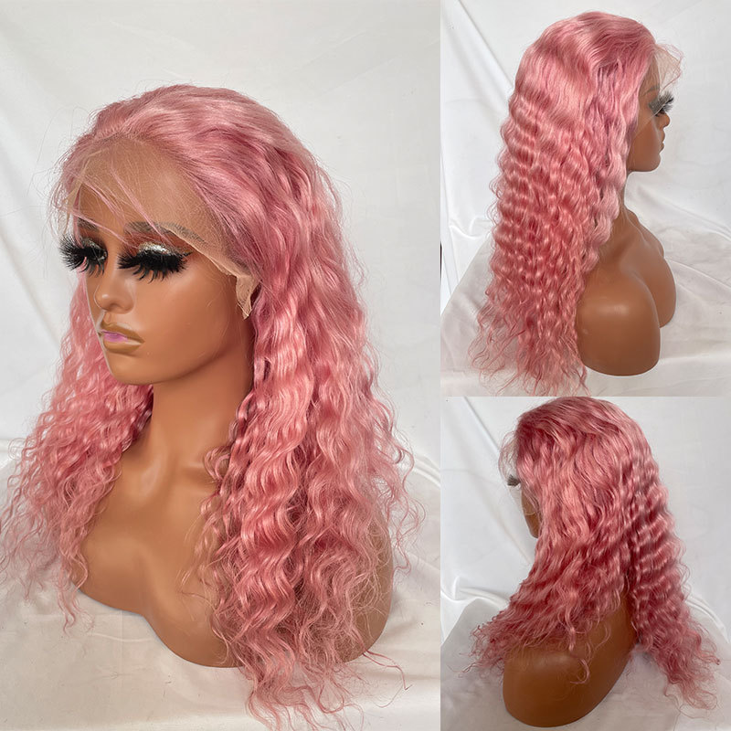 Pink Lace Front Human Hair Wigs Deep Wave Transparent Lace Colored  Curly Lace Wigs 13X4 Brazilian Human Hair Lace Front Wigs For Women