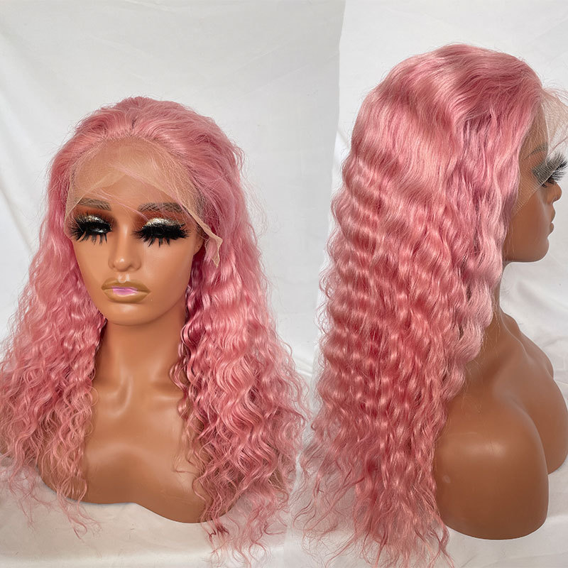 Colored Human Hair Wigs 13x4x1 Pink Color Lace Front Human Hair Wigs Deep Wave Brazilian Human Hair Curly Lace Wigs For Women