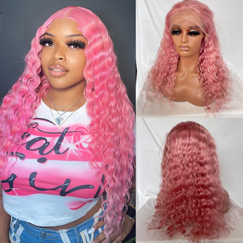Pink Lace Front Human Hair Wigs Deep Wave Transparent Lace Colored  Curly Lace Wigs 13X4 Brazilian Human Hair Lace Front Wigs For Women