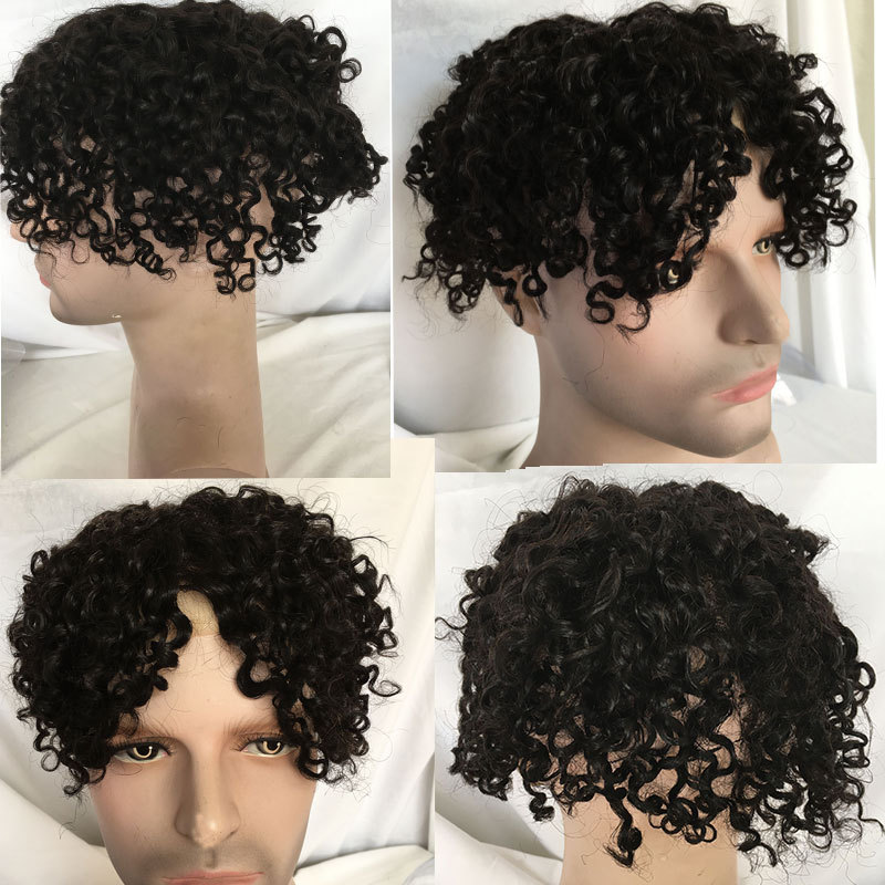 Afro Twist Curly Hair Toupee For Black Men Wigs Full  French Lace Toupee Hairpieces Mens Replacement System Human Hair Men 10x8inch Curly Toupee
