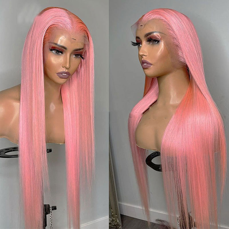 Colored Human Hair Wigs T Part Lace Frontal Wig Brazilian Human Hair Straight Lace Wigs For Women 13X4X1 Hair Wigs Pink Color 150%Density