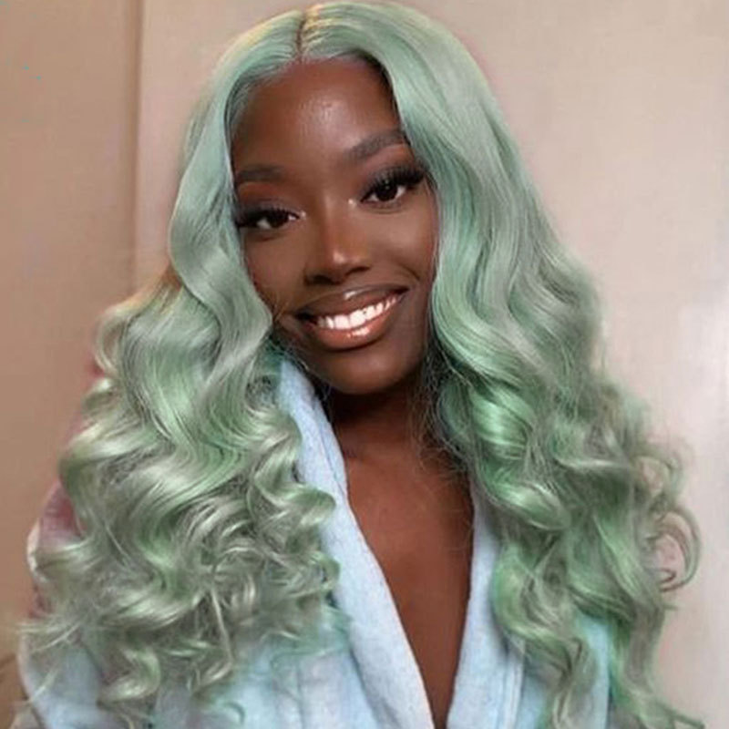 Transparent Lace Colored Human Hair Wigs T Part Wig Loose Wave 13x4x1 Lace Front Human Hair Wigs For Black Women Brazilian Remy Light Green 180% Density