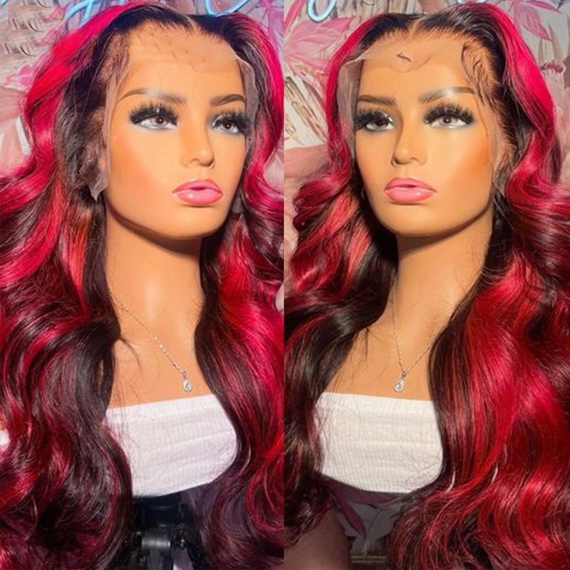 Highlight Black Wig T Part 13x4x1 Human Hair Brazilian Glueless Wig Red Colored Human Hair Wigs For Women Body Wave Lace Front Wig
