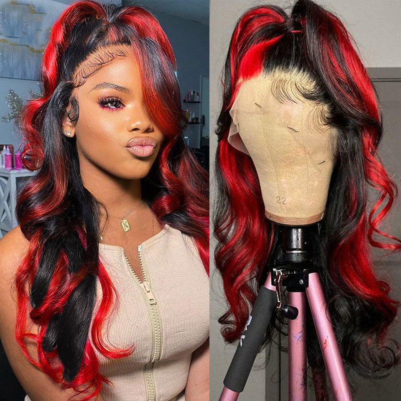 Highlight Black Wig T Part 13x4x1 Human Hair Brazilian Glueless Wig Red Colored Human Hair Wigs For Women Body Wave Lace Front Wig