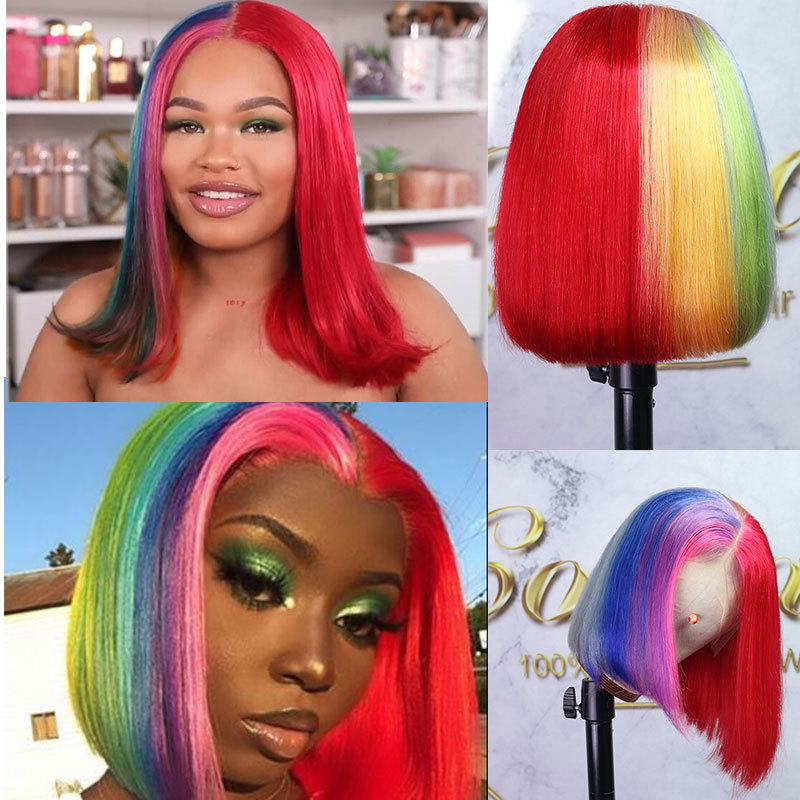 180% Density Rainbow Lace Front Wigs Short Bob Colored Human Hair Wig 13x4 Lace Frontal Remy Hair Transparent Lace Wigs With Baby Hair For Women