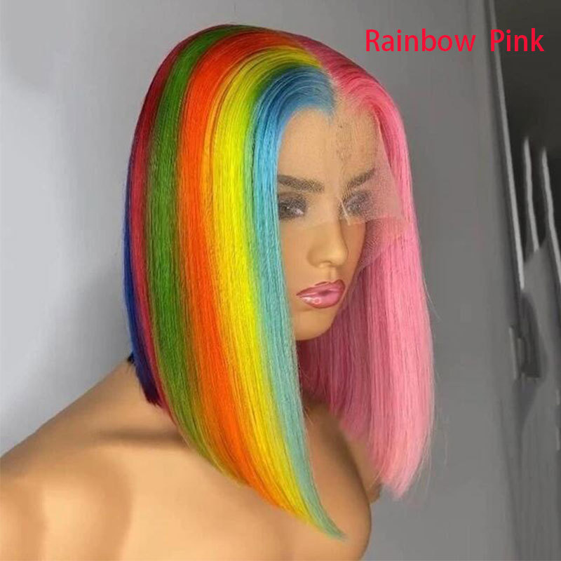 180% Density Rainbow Lace Front Wigs Short Bob Colored Human Hair Wig 13x4 Lace Frontal Remy Hair Transparent Lace Wigs With Baby Hair For Women