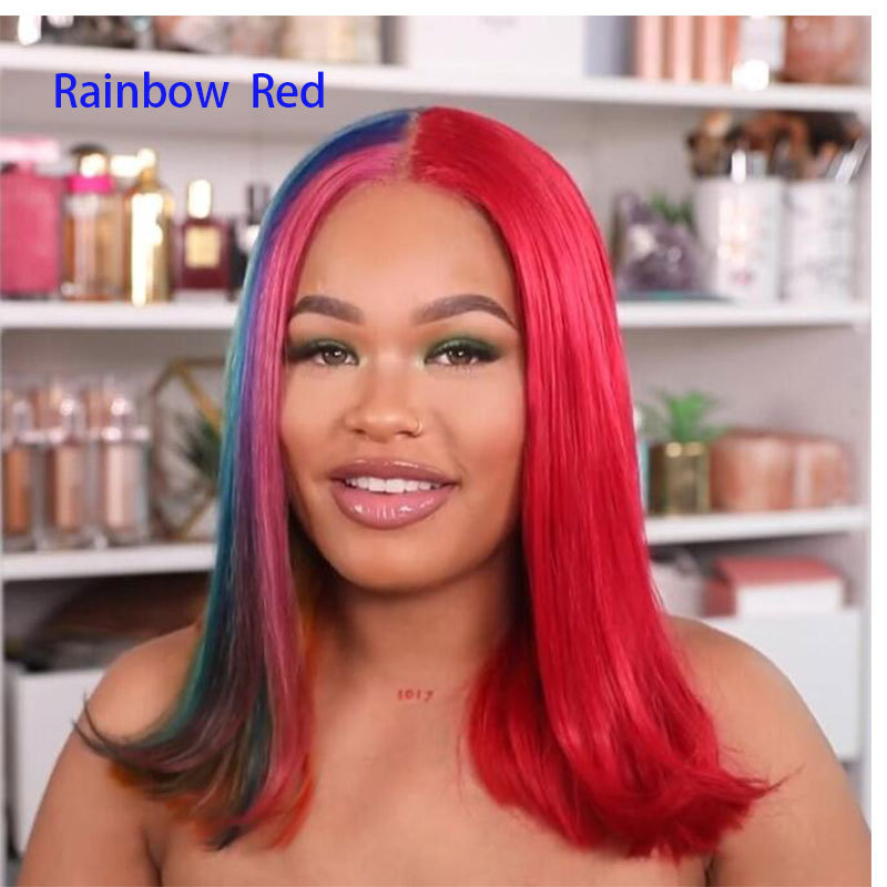 180% Density Rainbow Lace Front Wigs Short Bob Colored Human Hair Wig 13x4 Lace Frontal Remy Hair Transparent Lace Wigs With Baby Hair For Women