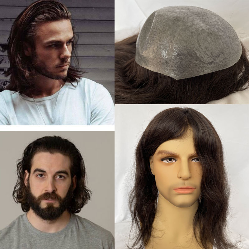 12inch Men Wigs Full Skin Pu Base Long Human Hair Men Toupee Natural Hairline Men Toupee Straight Wavy 8x10 3# Brown Colror