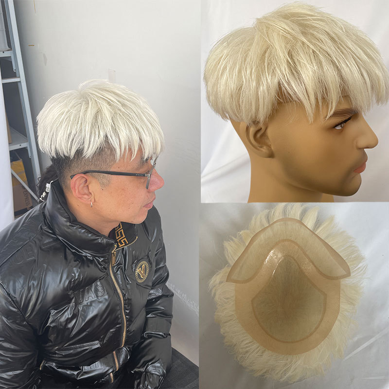 Cut Style Toupee For Men Human Hair Men Wigs 8X10 Lace With PU Toupee Blonde Color613 Replacement System Hair Pieces Men Toupee