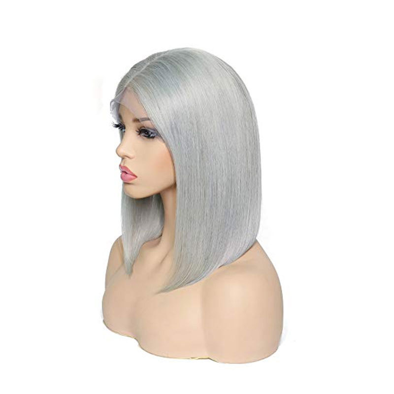 Grey Lace Bob Wig Straight Human Hair 10inch Pre Plucked Short Cut Brazilian Virgin Hair 180% Density Glueless Bob Wig 13x4x1 Swiss Lace Middle Part For Women