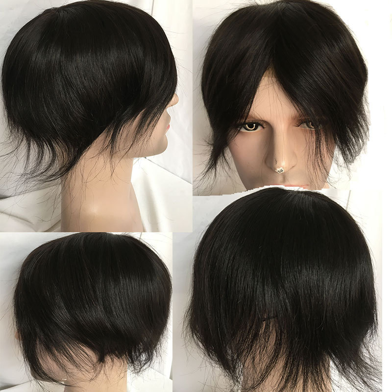 Fine Mono Mens Toupee Human Hair Replacement System Men Hair Cut Style Curly 10x8 inch Hair Pieces Toupee With PU Base Black 1B#