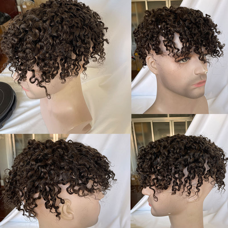 Fine Mono Mens Toupee Human Hair Replacement System Men Hair Cut Style Curly 10x8 inch Hair Pieces Toupee With PU Base Black 1B#