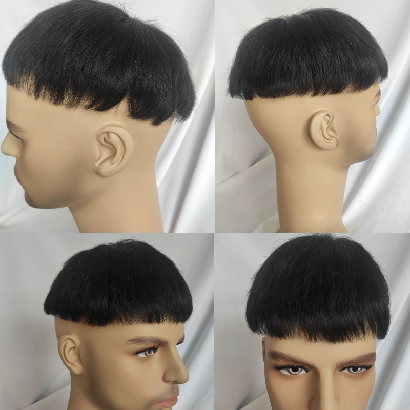 Fine Mono Mens Toupee Human Hair Replacement System Men Hair Cut Style Curly 10x8 inch Hair Pieces Toupee With PU Base Black 1B#