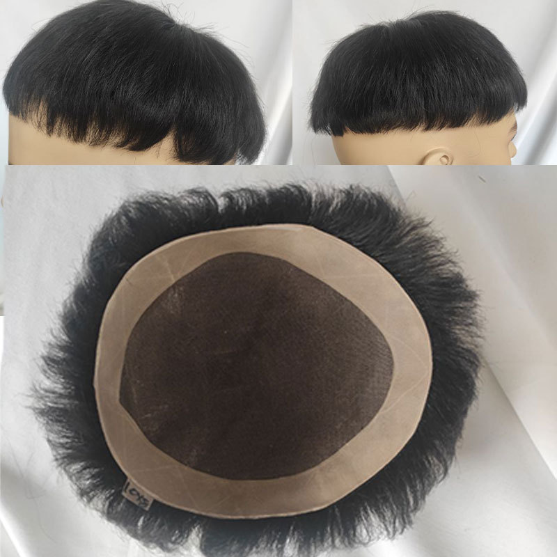 Fine Mono Mens Toupee Human Hair Replacement System Men Hair Cut Style Curly 10x8 inch Hair Pieces Toupee With PU Base Black 1B#