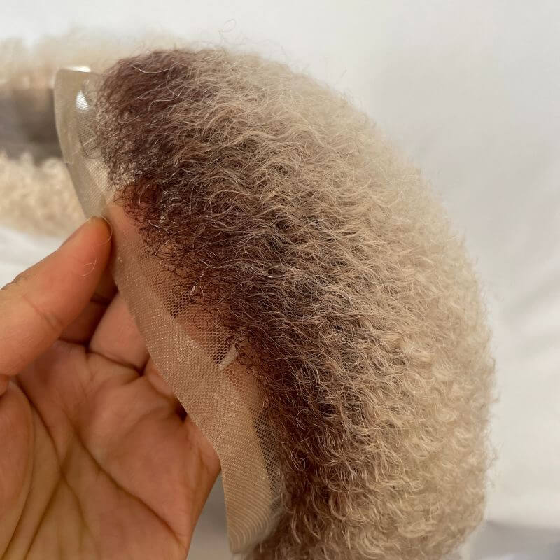 Afro Wig Toupee For Men Full Lace Toupee Wigs For Black Men Swiss Lace Human Hair System Curly 10x8inch Ombre #60 White Color Men's Toupee Afro Curly Men Wigs
