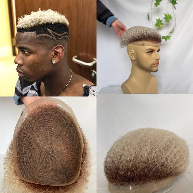 Afro Wig Toupee For Men Full Lace Toupee Wigs For Black Men Swiss Lace Human Hair System Curly 10x8inch Ombre #60 White Color Men's Toupee Afro Curly Men Wigs