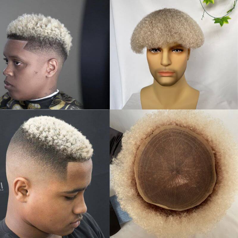 Afro Wig Toupee For Men Full Lace Toupee Wigs For Black Men Swiss Lace Human Hair System Curly 10x8inch Ombre #60 White Color Men's Toupee Afro Curly Men Wigs