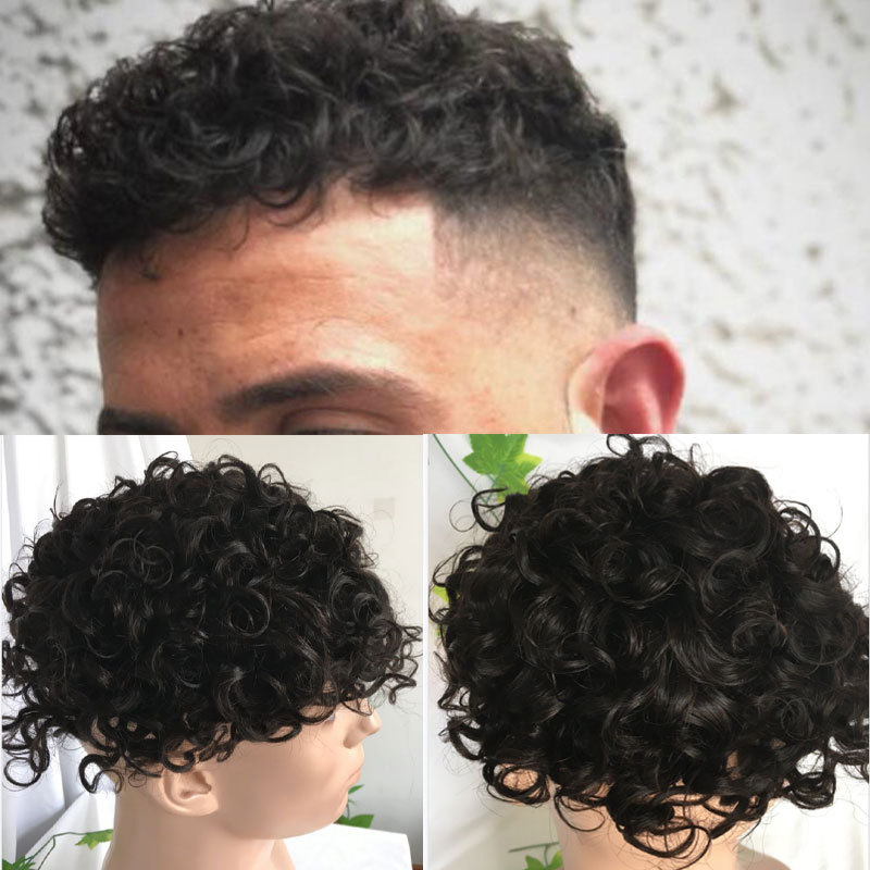 Men Wig Mono NPU Toupee Human Hair System for Men Curly Toupee Indian Remy Human Hair Toupee For Men 9x7inch 1B Color
