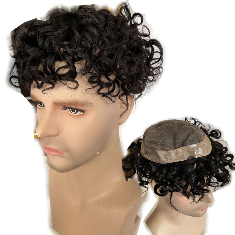 Mens Toupee Human Hair Curly Wigs Toupee For Men 20MM 8X10'' Men's Fine Mono Replacement System Hair Toupee