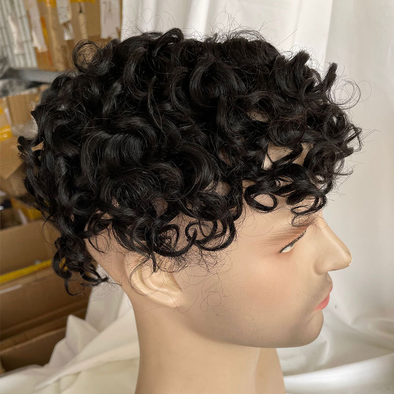 Men Wig Mono NPU Toupee Human Hair System for Men Curly Toupee Indian Remy Human Hair Toupee For Men 9x7inch 1B Color