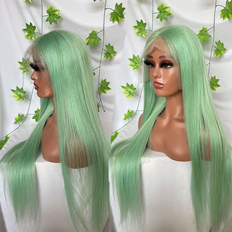 Colored Human Hair Wigs For Women Green Straight Wigs Remy Brazilian Human Hair 13X4 Lace Front Wig For Women Bleached Knots Pre Plucked