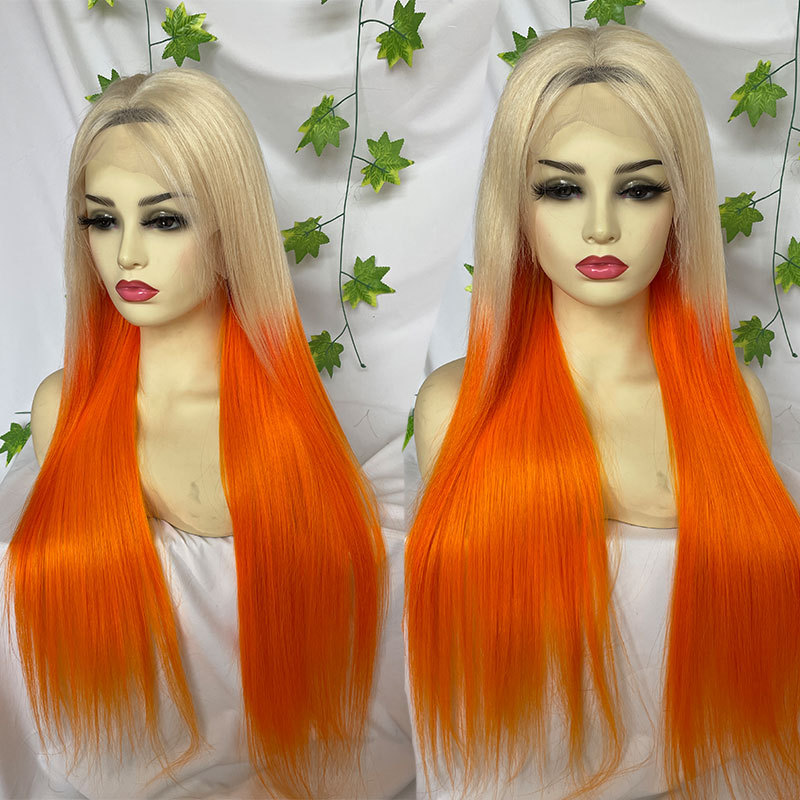 Colored Human Hair Wigs For Women Ombre Orange Silk Straight Wigs Remy Brazilian Human Hair 13X4 Lace Front Wig For Women Bleached Knots Pre Plucked