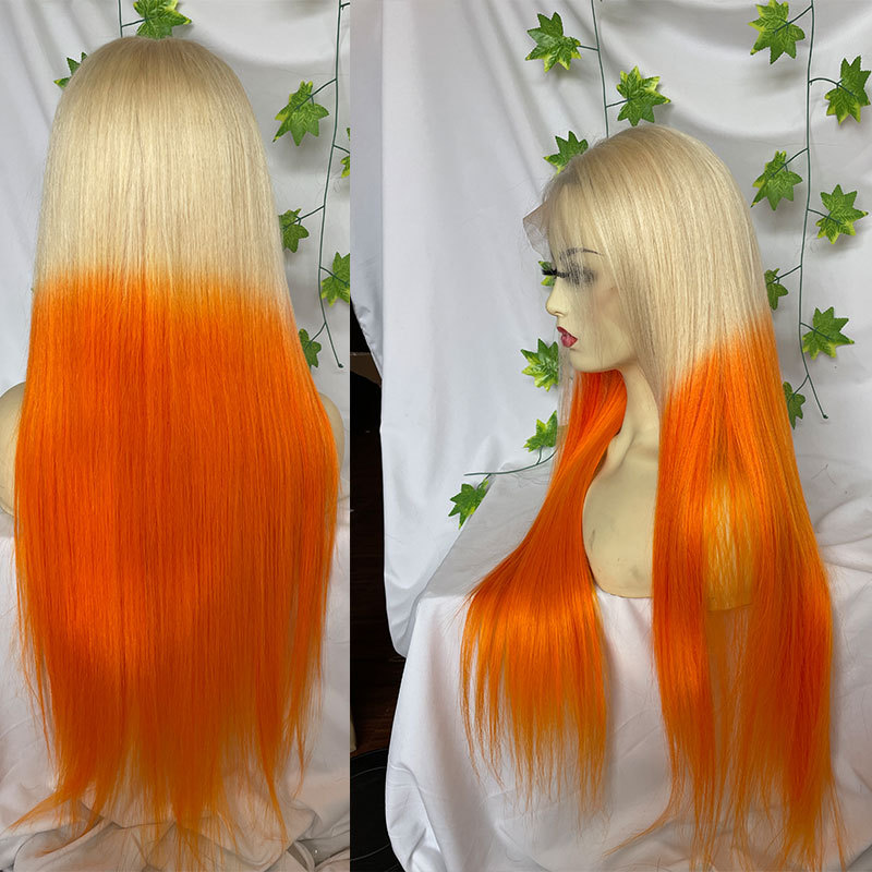 Colored Human Hair Wigs For Women Ombre Orange Silk Straight Wigs Remy Brazilian Human Hair 13X4 Lace Front Wig For Women Bleached Knots Pre Plucked