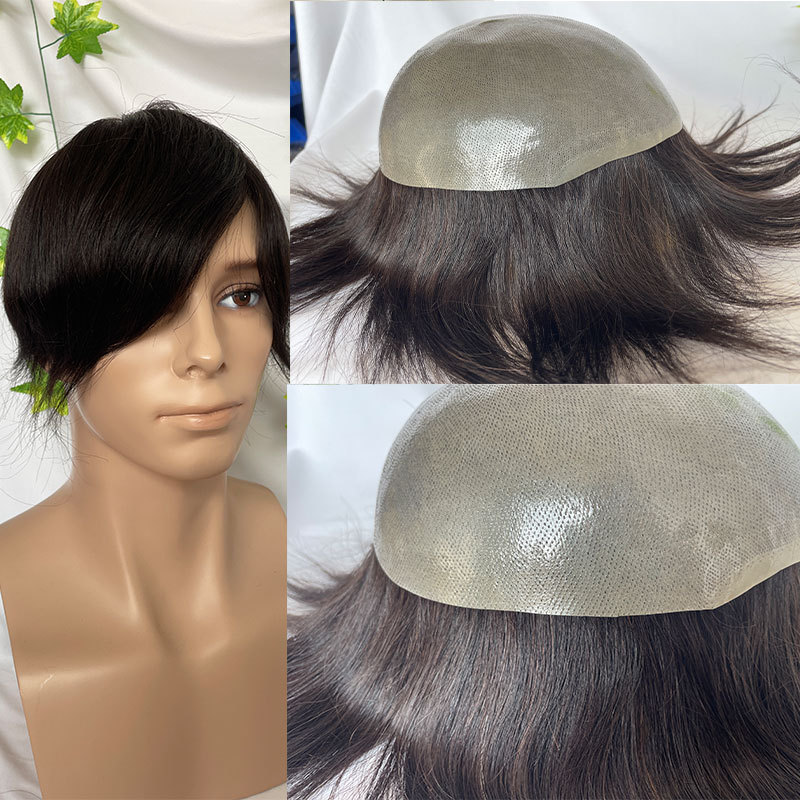 Skin Full PU Toupee For Men 9.5X8.5Inch Mens Toupee Human Hair Natural Black Mens Hair Piece V-looped Hair Wig For Men Replacement Hair System Hairpieces
